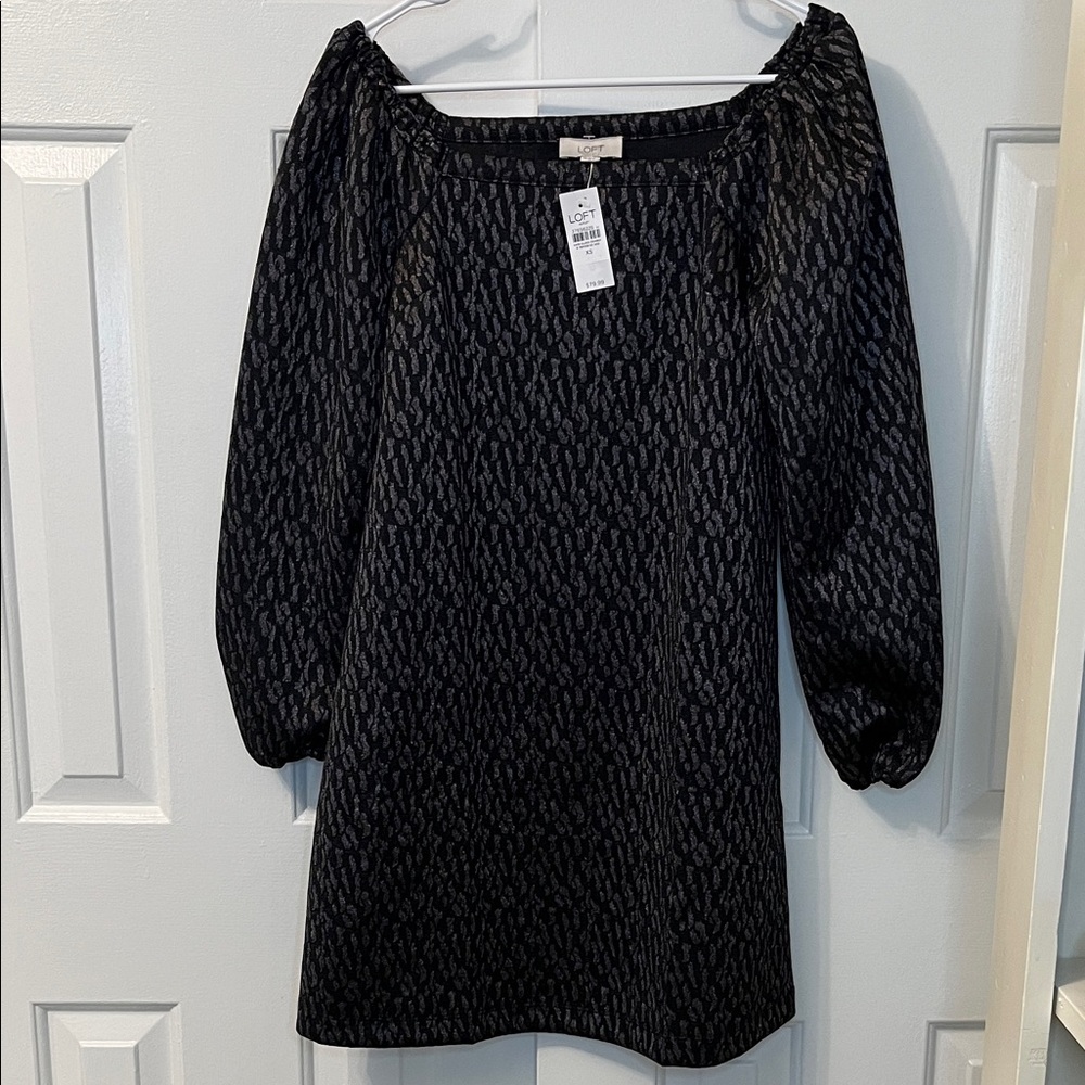 NWT Off Shoulder‎ Black Metallic Pattern Loft Dress Size XS